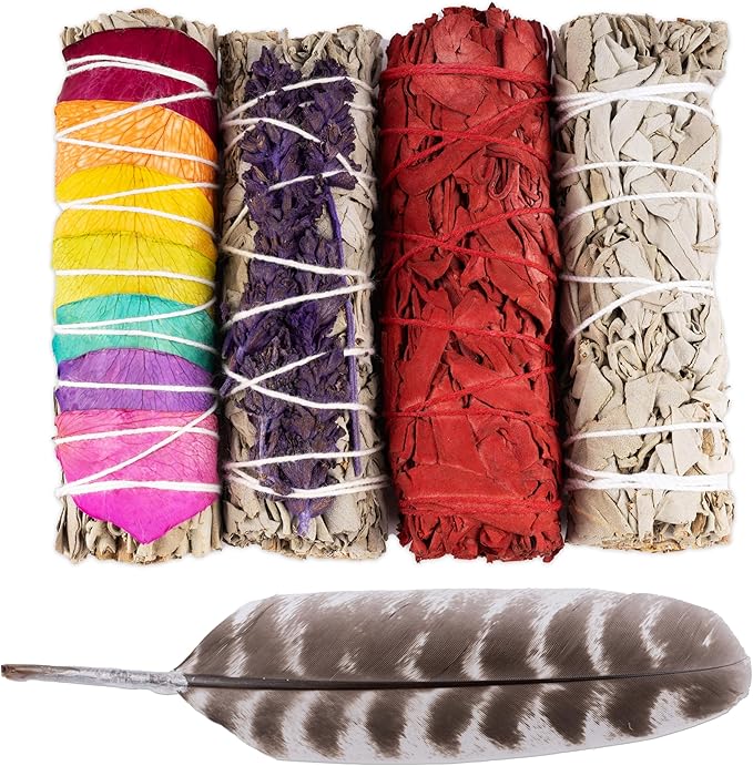 4 pc Sage Smudge Sticks with White Sage, Dragons Blood, Chakra Sage, Lavender Sage, Turkey Feather, & Smudging Guide – Home Cleansing, Energy Healing, Meditation, Reiki, & Clearing Negative Energy