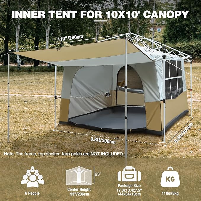 REDCAMP Canopy Camping Tent for Pop Up Canopy Tent, Inner Tent Converts Straight Leg 10'x10' or 10'x20' Canopy into Camping Tent, Fits 4-6 Person(Frame/Shelter NOT Included)