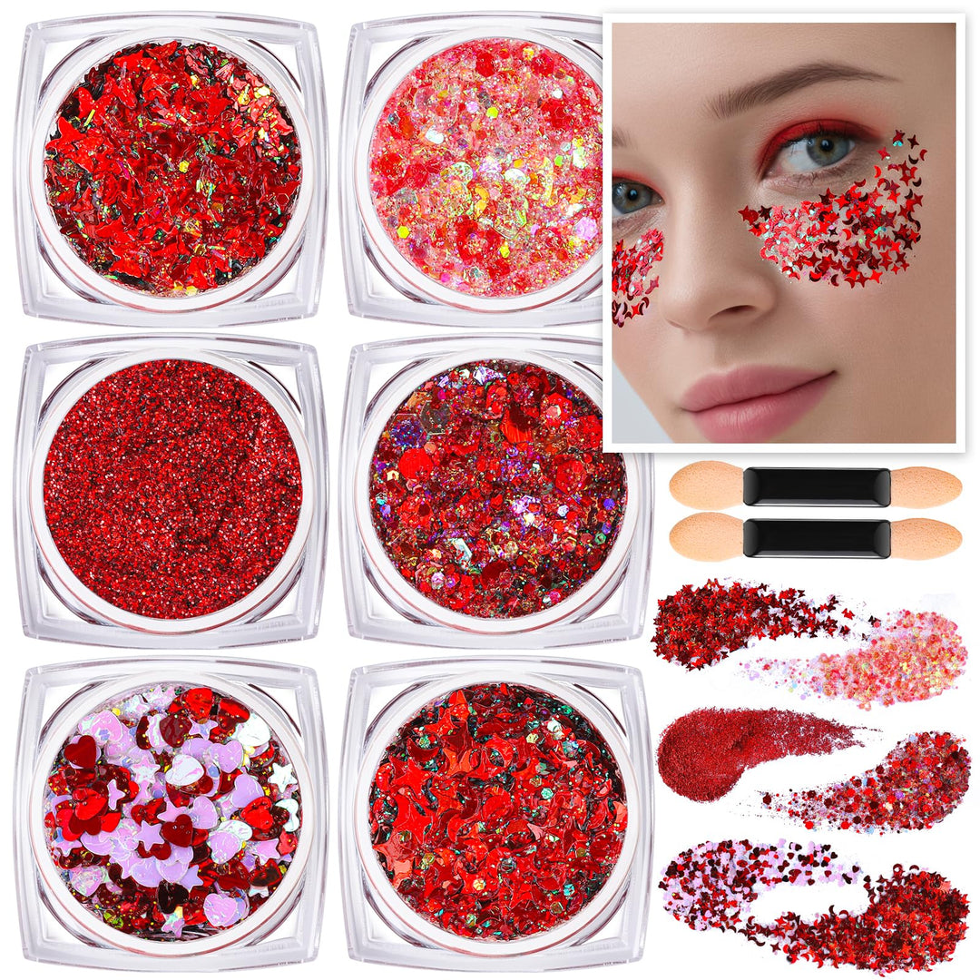 Teenitor Face Glitter Body Glitter, Red Body Glitter Gel, Hair Glitter Gel, 6 Shapes Festival Rave Glitter, Body Makeup Glitters Gel, Chunky Sparkling Glitter for Face, Body and Hair