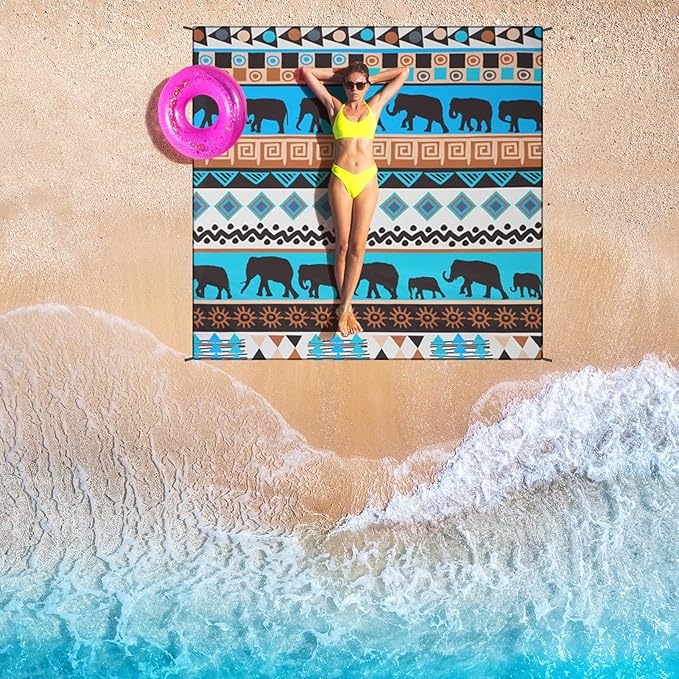 Beach Blanket Waterproof Sandproof Beach Mat for 1-8 Adults Quick Drying Durable Outdoor Picnic Mat for Beach Festival Travel Camping Hiking (Elephant-GN, 79"×83"(4 Person))