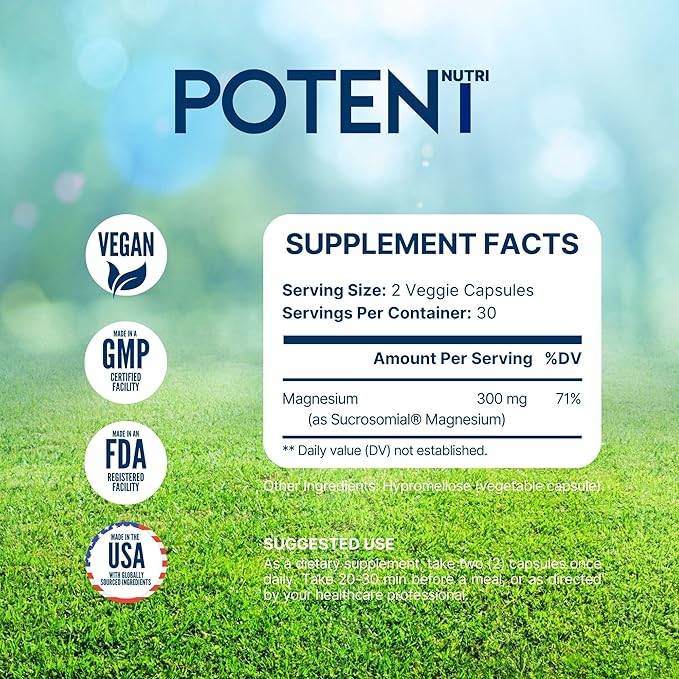 Sucrosomial Magnesium, Patented Enhanced Absorption, Support Stress Relief, Sleep, Nerves, Muscles, and Metabolism* 300mg, 60 Capsules (Vegan Safe), Magnesium Supplement, USA Made by Potent Nutri