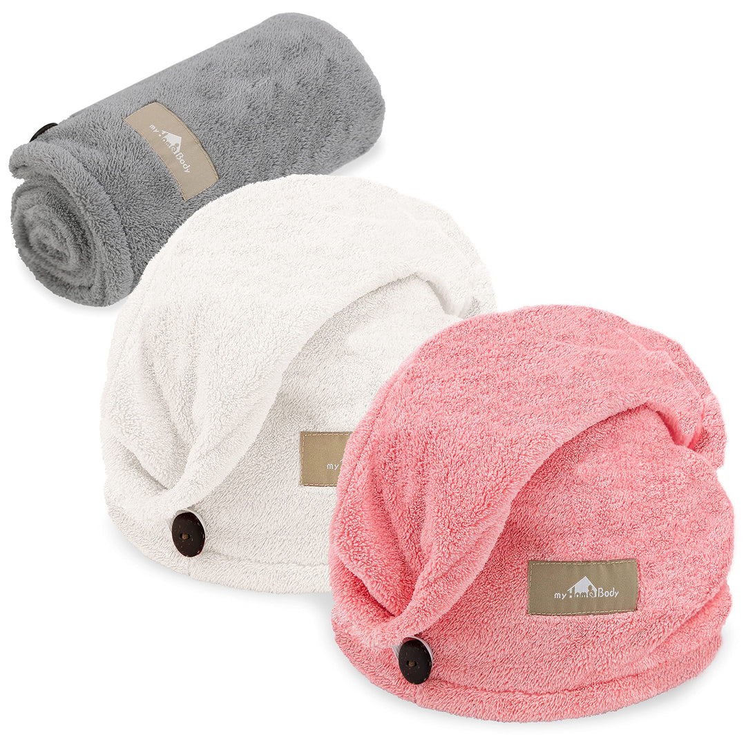 myHomeBody Hair Towel Wrap, Luxury Quick Drying Turban, Ultra Soft Absorbent Charcoal Fiber Cap, with Coconut Shell Button – Light Gray, Pink, White, 3 Pack