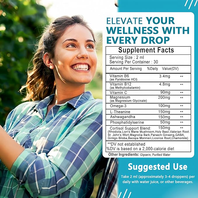 Cortisol Supplements for Women,19-in-1 Cortisol Supplement Liquid Drops w/Magnesium,L-Theanine,Ashwagandha,Omega-3, High Absorption Hormone Balanced for Women Drops - Sleep Focus Mood, Non-GMO