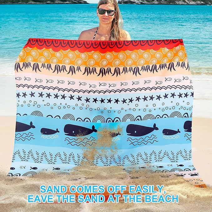 Beach Blanket, Sandproof Beach Mat 79" X 82" for 4-7 Adults, Large Waterproof Beach Blanket Quick Drying Lightweight Beach Blanket with 4 Stakes for Travel Camping Hiking (Sea World)