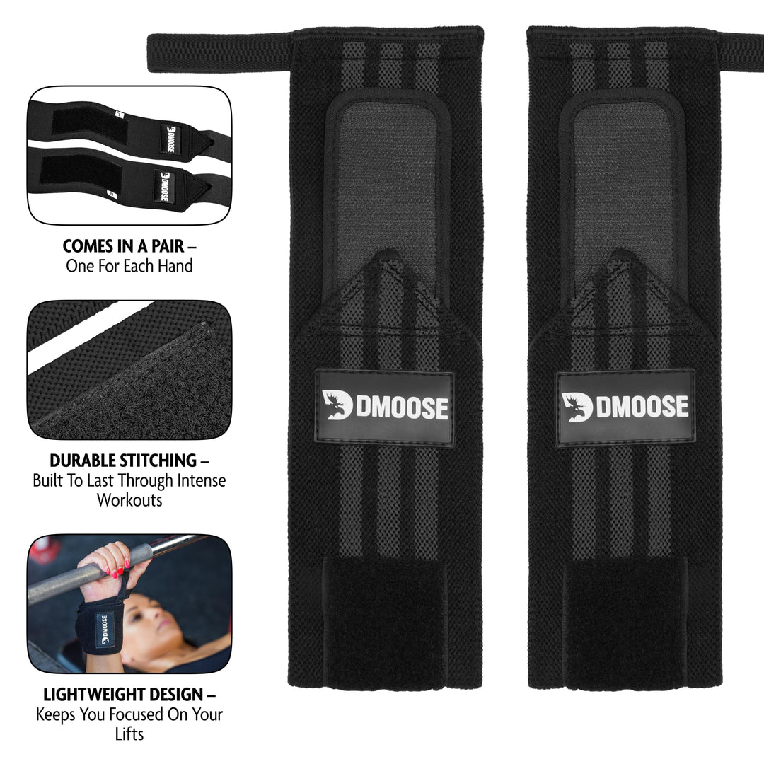 DMoose Wrist Wraps Weightlifting Men 12 and 18 Inches Thumb Loops with Wrist Support for Workouts Powerlifting Wrist Straps for Weight Lifting Men and Women Black Stripes