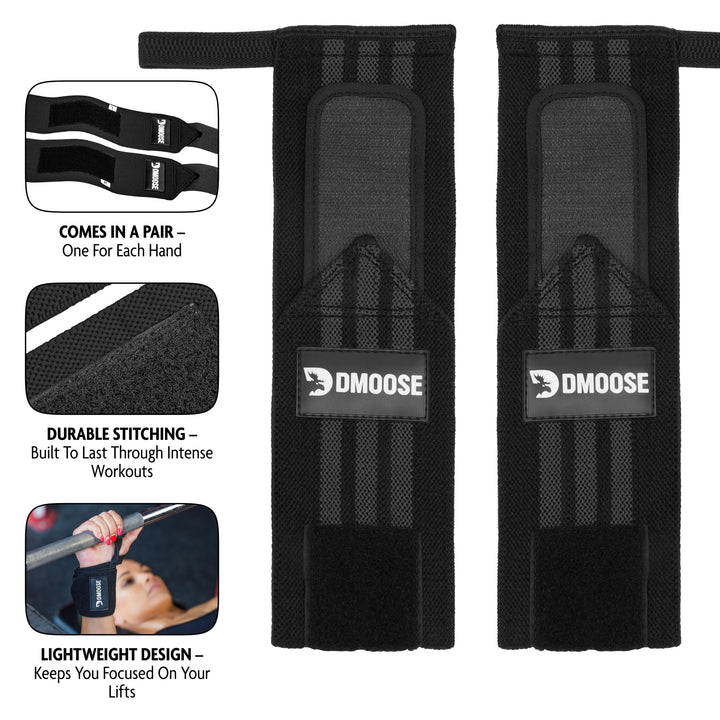DMoose Wrist Wraps Weightlifting Men 12 and 18 Inches Thumb Loops with Wrist Support for Workouts Powerlifting Wrist Straps for Weight Lifting Men and Women Black Stripes