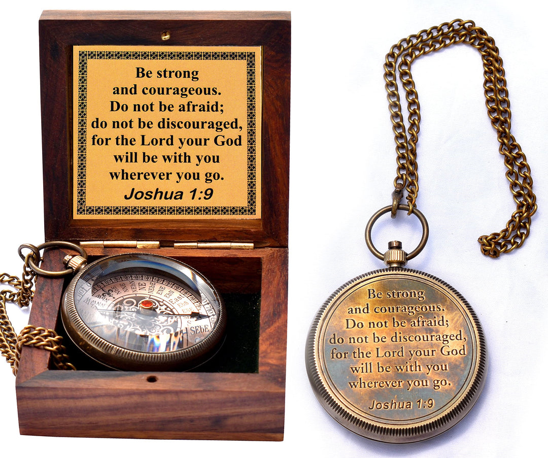 Be Strong and Courageous Engraved Compass with Wooden Box-2024 Christian Gifts for Men, Catholic Gifts,Baptism Gifts for Boys,Gifts for Teen Boys,Graduation Gifts,Sentimental Gifts-Gifts for Birthday