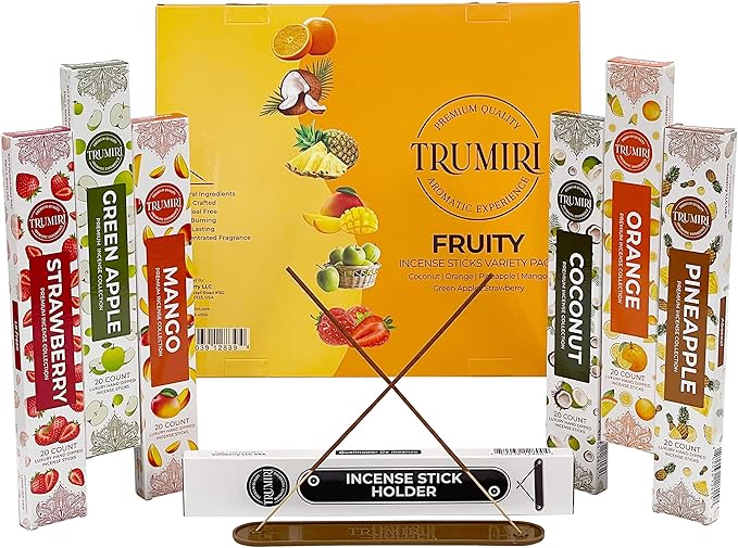 Fruity Incense Sticks Variety Pack - 120 Insence-Sticks (6 Incents x 20 Insense) - Coconut Orange Pineapple Mango Strawberry Apple - Natural Inscents-Sticks Non Toxic Inciensos + Stick Incense Holder