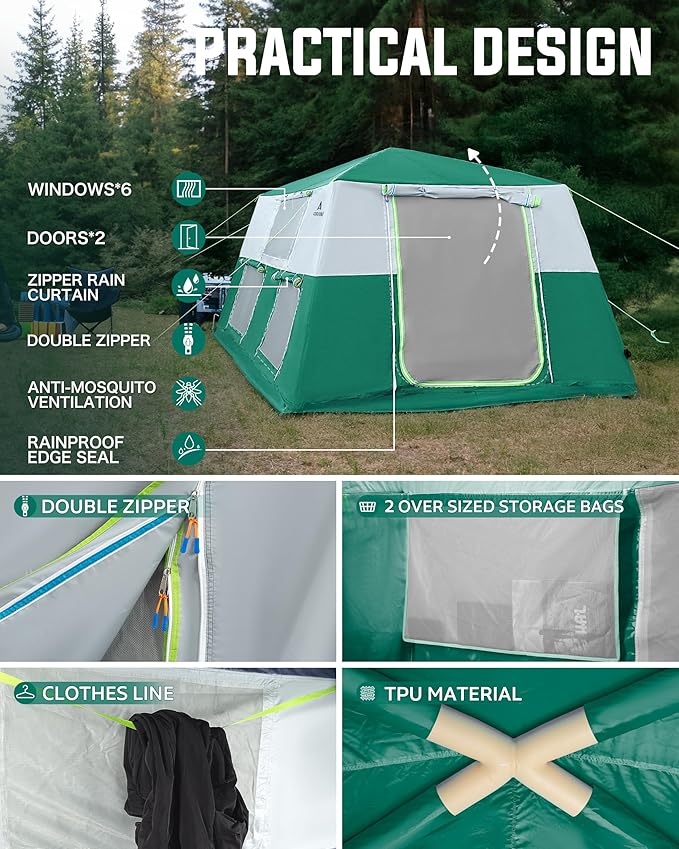 14.1'x6.5'x9' Inflatable Tents for Camping, Portable 6/8/10 Person Blow Up Air Tent, Waterproof Windproof Easy Setup Large Family Tent with 2 Doors, 6 Windows, Mosquito Screen