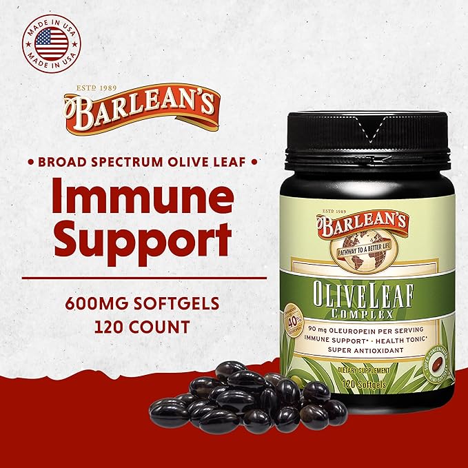 Barlean's Olive Leaf Complex Softgels Immune Support Supplement with 90 mg Oleuropein Antioxidants, Concentrated Heart Health and Immunity Booster Pills, 120 Count