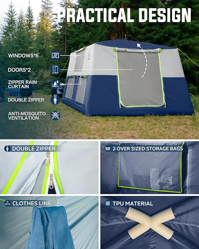 14.1'x6.5'x9' Inflatable Tents for Camping, Portable 6/8/10 Person Blow Up Air Tent, Waterproof Windproof Easy Setup Large Family Tent with 2 Doors, 6 Windows, Mosquito Screen