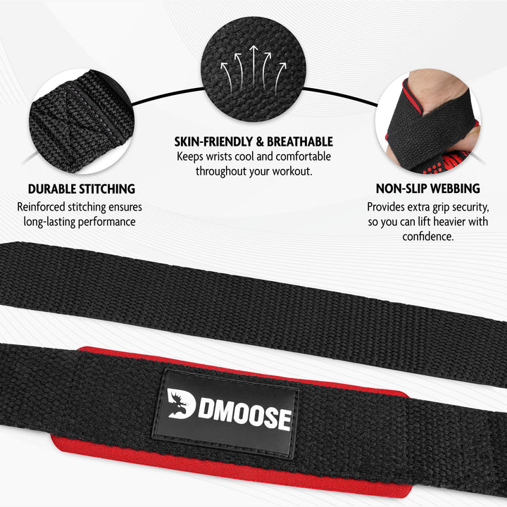 DMoose Fitness Lifting Straps - 4mm Neoprene Padded Wrist Straps for Weightlifting & Powerlifting - Cotton Lifting Strap with Silicone Grip for Men & Women - Durable Deadlift Straps for Gym Workout