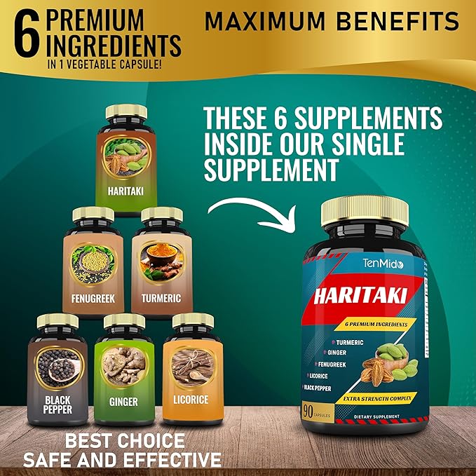 Haritaki Supplements Extract Capsules with Turmeric, Ginger, Fenugreek, Licorice, Black Pepper | Nourishes, Rejuvenates Body, 3 Months Supply