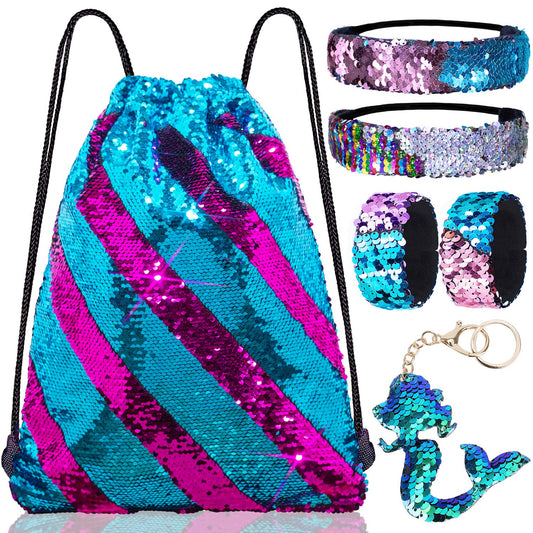 Mermaid Reversible Sequin Drawstring Backpack/Bag Blue/Violet Red for Kids Girls