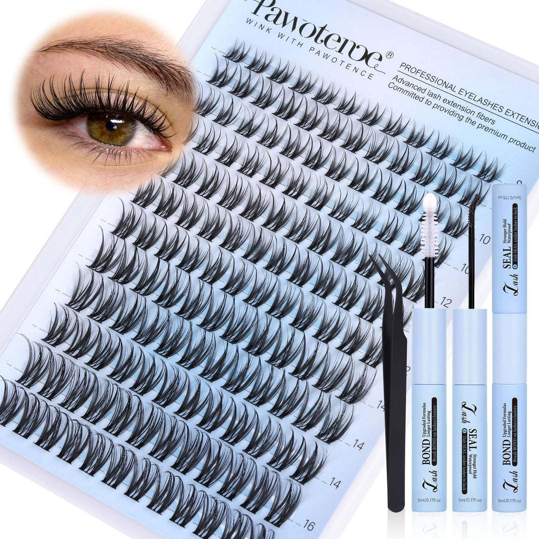 Pawotence Lash Clusters Kit Wispy Eyelash Clusters 8-16mm Natural Lash Extension Kit 144pcs Cluster Eyelash Extensions Kit Individual Lashes with Lash Cluster Bond Seal and Lash Tweezers