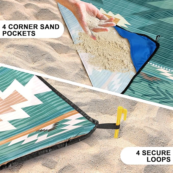 Beach Blanket, Sandproof Beach Mat, Waterproof Quick Drying Lightweight Outdoor Aztec Picnic Mat 79" X 83" for 2-4 Adults with Pocket for Travel, Camping, Hiking