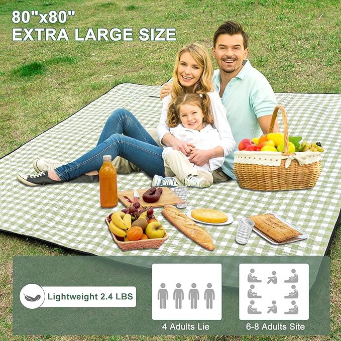Picnic Blankets Outdoor Blanket, 80''x80'' Extra Large Beach Blanket Waterproof Sandproof Foldable & Machine Washable, Vintage Gingham Grass Lawn Park Blankets for Family Camping Party Music Festival