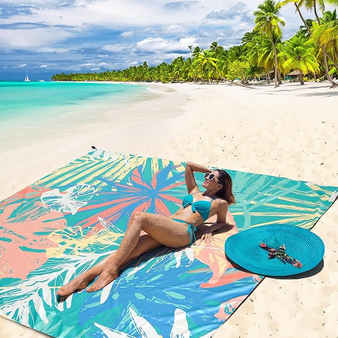 Beach Blanket Waterproof Sandproof Beach Mat 79”x 83” for 1-4 Adults Quick Drying Durable Outdoor Picnic Mat for Beach Festival Travel Camping Hiking (Colorful-Palm, 79"×83"(4 Person))