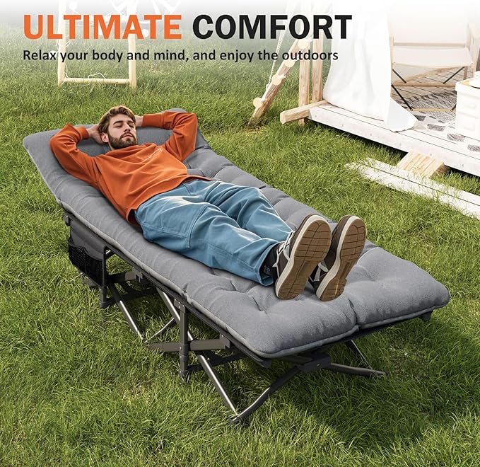 ATORPOK Camping Cot for Adults with Cushion Comfortable,Portable Folding Bed for Sleeping Supports 450 lbs (Gray)