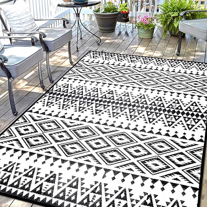 Outdoor Rug Mat for Patio, 8x10ft Waterproof Reversible Plastic Straw Rugs, Camping Carpet Area Mats for RV, Porch, Deck, Backyard, Balcony, Camper, Trailer, Black & White
