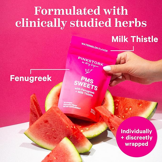 Pink Stork Watermelon PMS Sweets for Teens and Women with Fenugreek & Milk Thistle, Simple & Natural Ingredients for Period Support, Digestion, Bloating, & Mood Support - 30 Drops