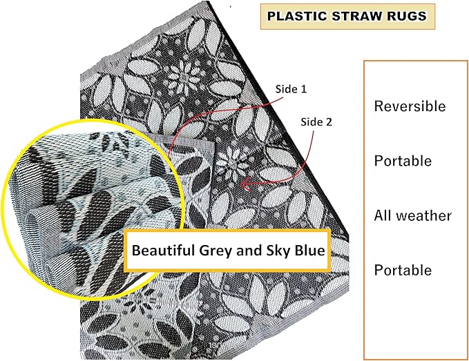 BalajeesUSA Outdoor Rug - 5x7 Sky Blue, Black, Grey, Reversible Recycled Plastic Straw Outdoor Patio Rugs Clearance Waterproof Large RV Camper Mats 287