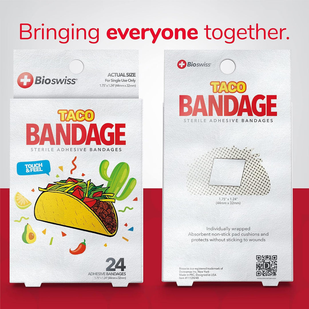 BioSwiss Bandages, Taco Shaped Self Adhesive Bandages, Latex Free Sterile Wound Care, Fun First Aid Kit Supplies for Kids, 24 Count