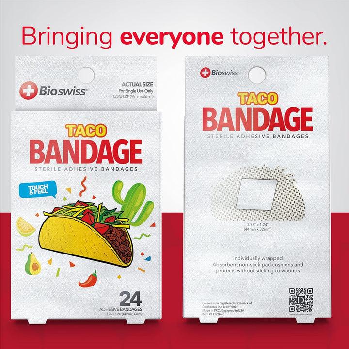 BioSwiss Bandages, Taco Shaped Self Adhesive Bandages, Latex Free Sterile Wound Care, Fun First Aid Kit Supplies for Kids, 24 Count