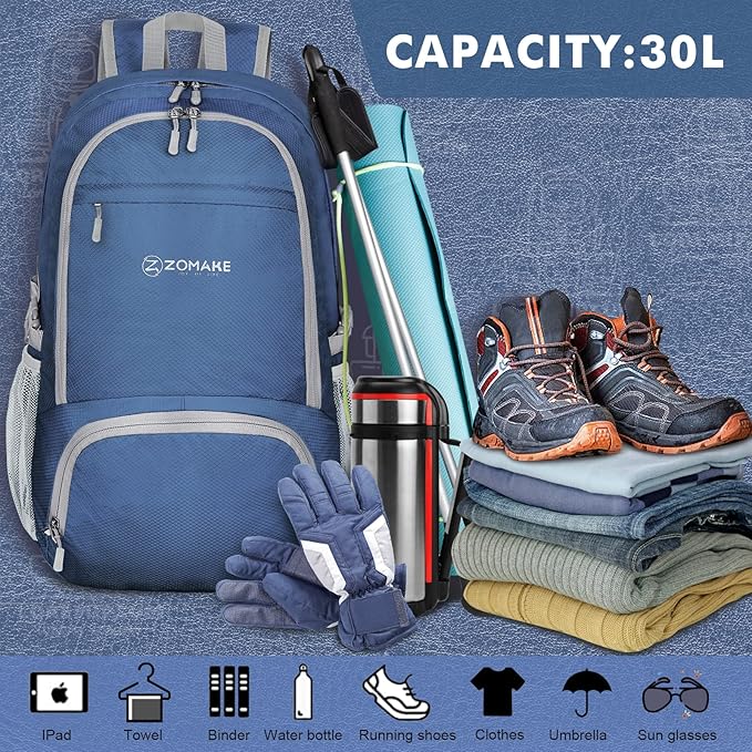 ZOMAKE Lightweight Packable Backpack 30L, Foldable Hiking Backpacks Water Resistant Compact Folding Daypack for Travel(Navy Blue)