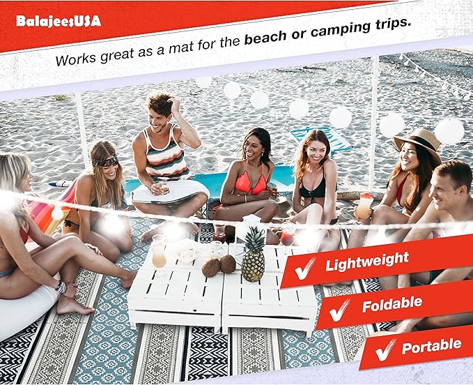 BalajeesUSA Outdoor Rug - 9x18 Grey, Teal, Reversible Recycled Plastic Straw Outdoor Patio Rugs Clearance Waterproof Large RV Camper Mats 7087