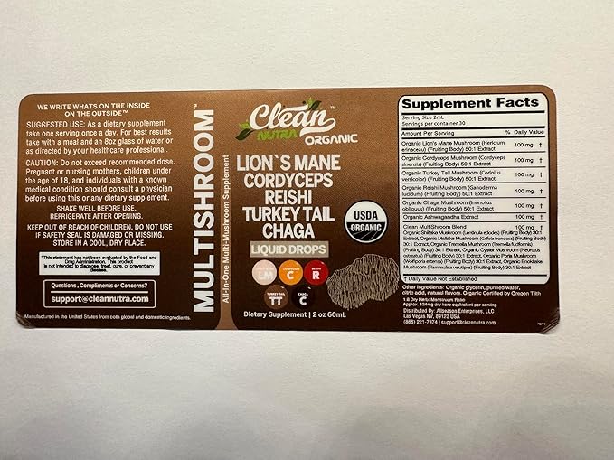 Organic Mushroom Supplement Liquid Drops with Lions Mane Turkey Tail Cordyceps Reishi Chaga Shitake Maitake Tremella Oyster Mushrooms Poria and Enokitake Mushrooms Complex Blend by Clean Nutra