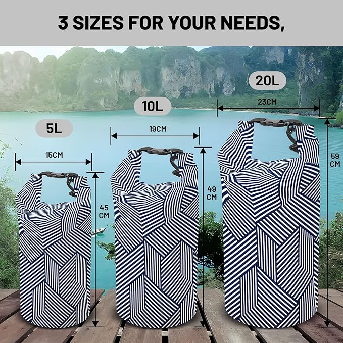 Waterproof Dry Bag,Roll Top Navy and White Geometric Waterproof Backpack 5L/10L/20L Floating and Lightweight Bags for Kayaking, Boating, Fishing, Swimming and Camping