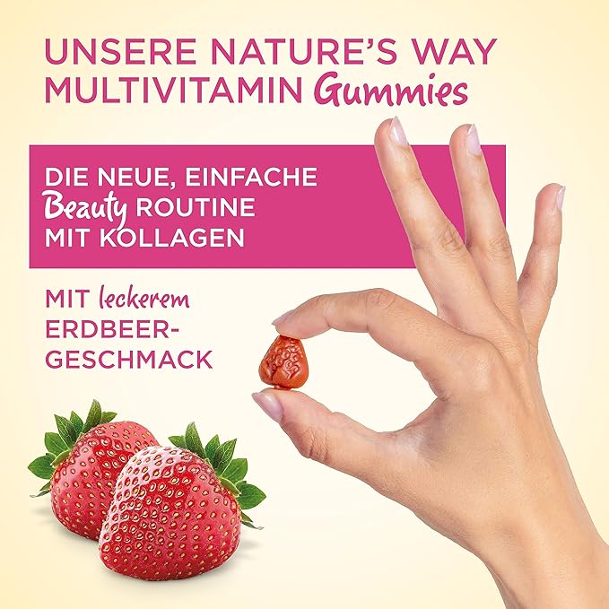 Nature's Way Alive! Hair, Skin & Nails Premium Gummies, Beauty Formula*, with Collagen, Biotin, Vitamins C & E, Strawberry Flavored, 60 Gummies