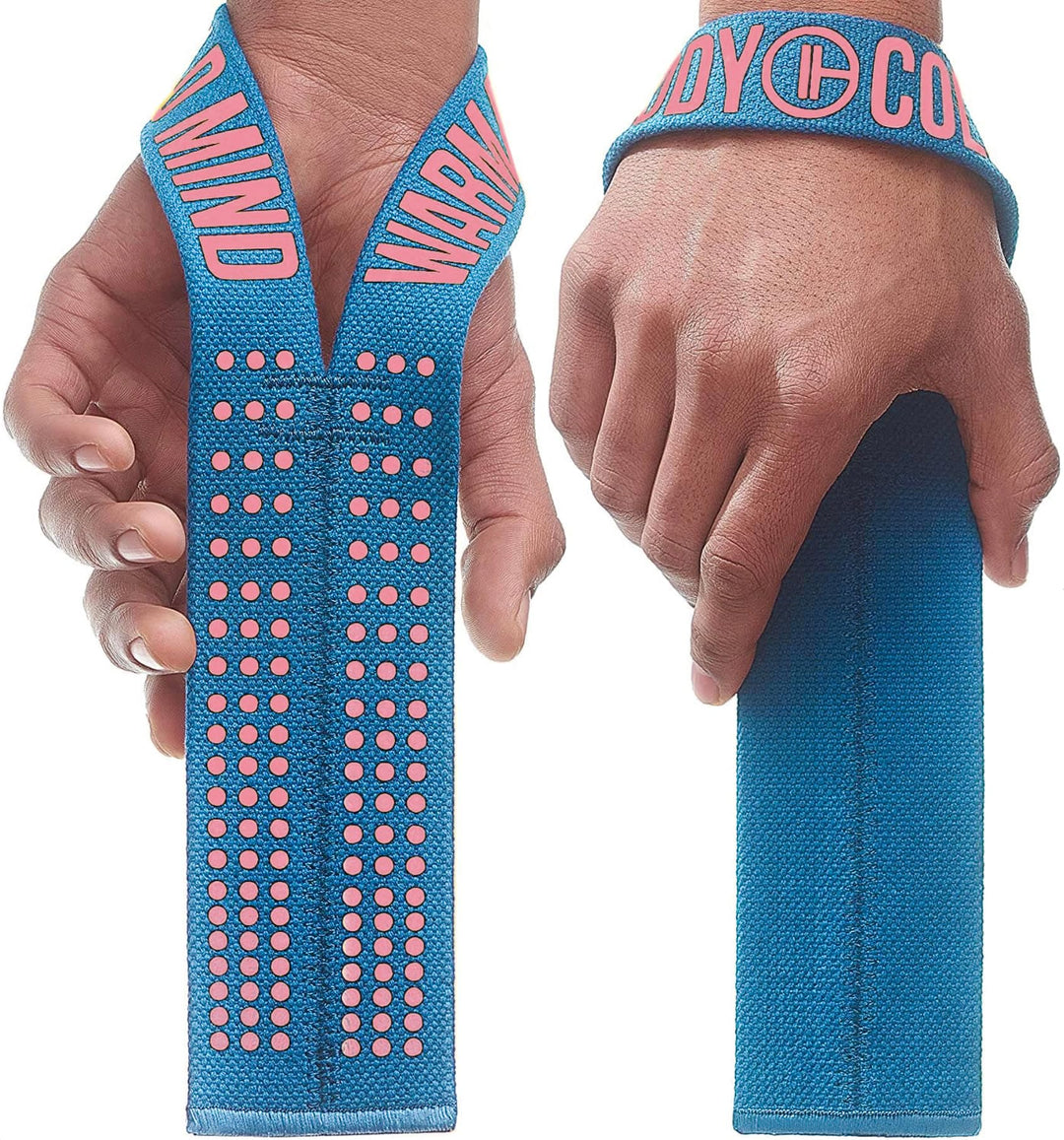 WARM BODY COLD MIND V1 Lifting Wrist Straps for Olympic Weightlifting - Rated at 660 lb - Hand Wraps for Powerlifting, Weight Lifting, Bodybuilding Functional/Cross Training, Deadlift Gym Bar, Cotton (Blue/Baby Pink)
