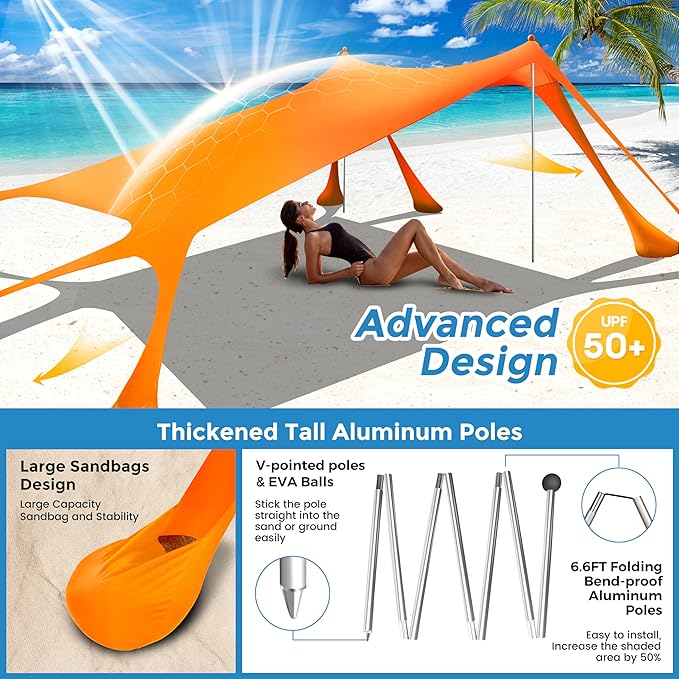 Beach Canopy Beach Tent Pop Up Shade 10x10ft Sun Shelter UPF50+ with 8 Sandbags-2 Sand Shovel-4 Aluminum Poles-Ground Pegs-Portable Carrying Bag for Outdoor Family Camping Fishing Yard Picnic