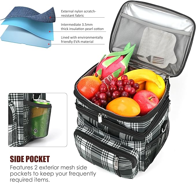 MIYCOO Lunch Bag & Lunch Box for Men Women Double Deck - Leakproof Insulated Soft Large Adult Lunch Cooler Bag for Work (Checkered Black and White,15L)