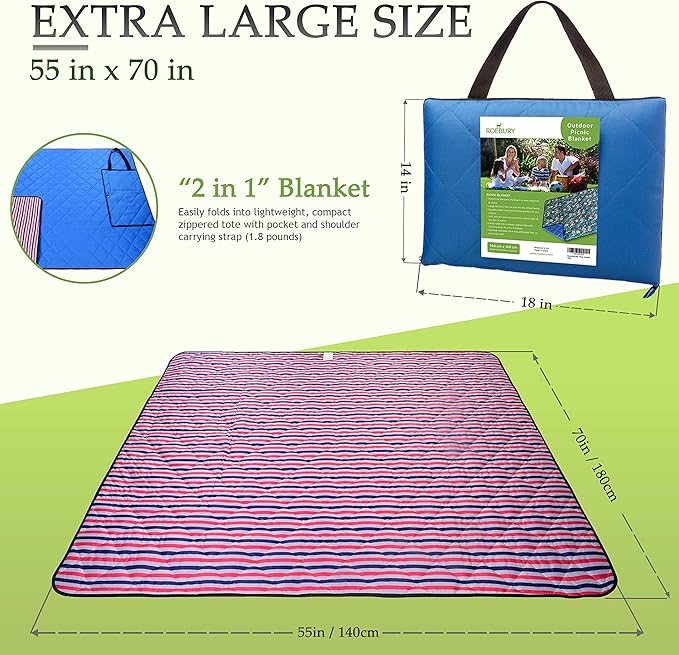 Beach Blanket Sand Proof & Outdoor Picnic Blanket - Water Resistant, Large Mat for Camping or Travel. Washable, Foldable, Easy Carry Compact Tote Bag Stripes (Red/White/Blue)