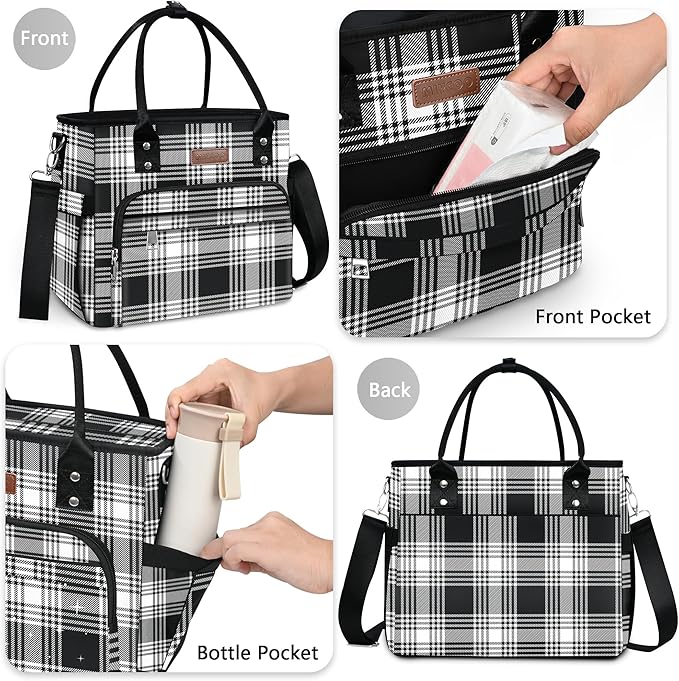MIYCOO Lunch Bag Lunch Box Women - Leakproof Insulated Lunch Cooler Bag for Women - Large Lunch Tote Bags Adults, Checkered Black and White