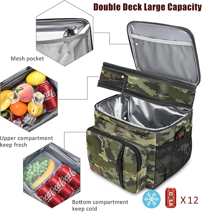 MIYCOO Lunch Bag & Lunch Box for Men Women Double Deck - Leakproof Insulated Soft Large Adult Lunch Cooler Bag for Work (Camouflage, 15L)
