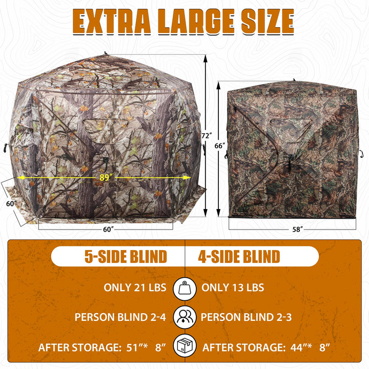 Extra Large Hunting Blind 4 Person with Portable Hunting Chair, 288 Degree See Through Pop up Ground Blinds for Deer Turkey Duck Hunting, Bow Hunting Adjust Windows with Silent Zipper