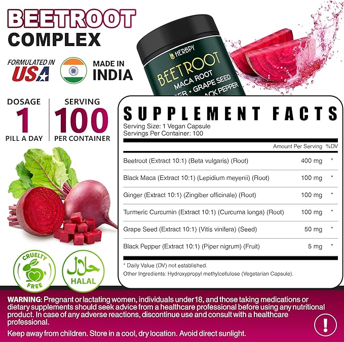6in1 Beet Root Capsules with Maca Root, Grape Seed, Ginger, Turmeric and Black Pepper for Heart Health & Immune Support - 100 Vegan Capsules