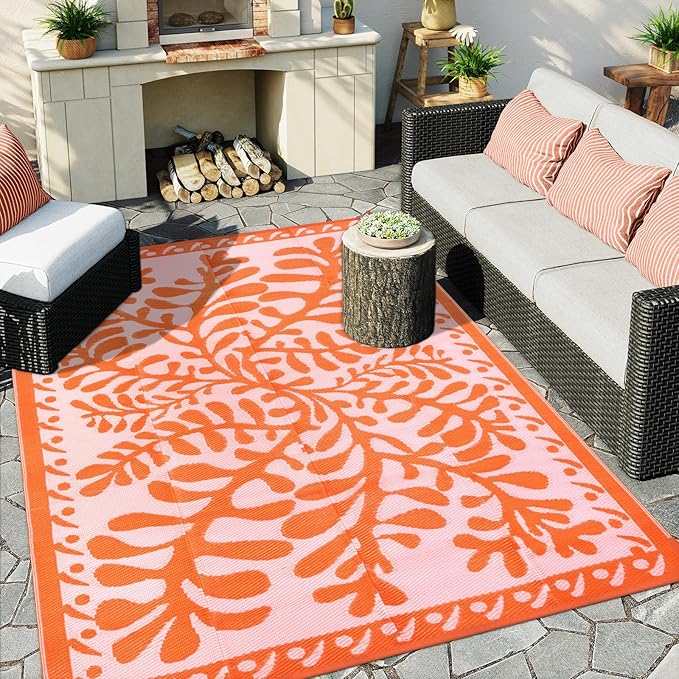Anidaroel 8x10 Outdoor Rug for Patios Clearance, Waterproof Camping Rug for Outside RV, Reversible Plastic Straw Outside Rugs, Large Outdoor Area Rug for Garden, Camper, Pool Deck(Orange,8’x10’)