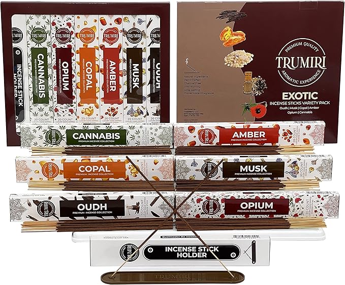 Exotic Incense Sticks Variety Pack - 120 Insence-Sticks (6 Incents x 20 Insense) - Copal Amber Oud (Agarwood) Musk - Natural Inscents-Sticks Non Toxic Incienso + Incense Holder for Men Women