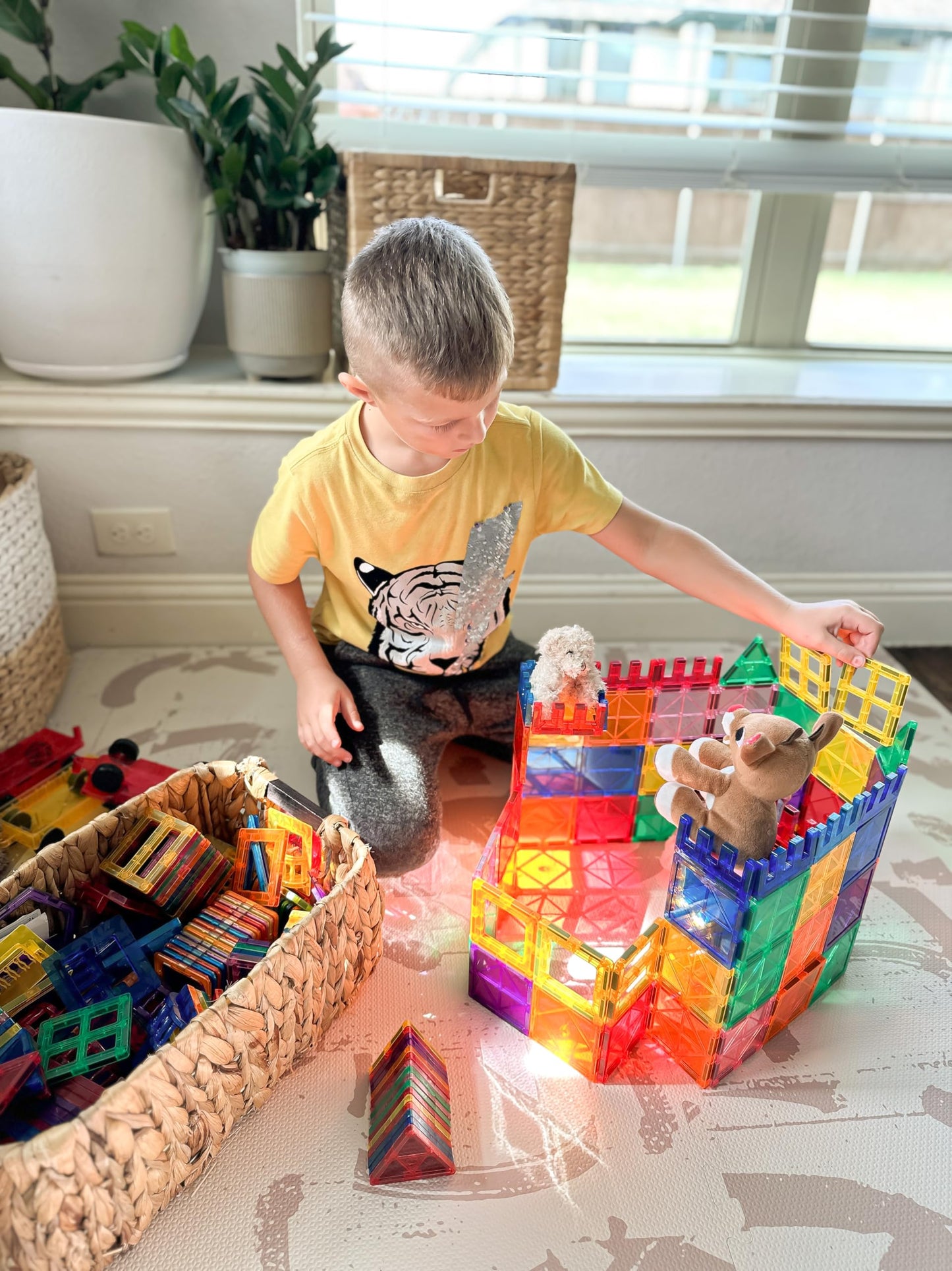 100PCS Magnetic Tiles STEM Building Toys Set with 2 Cars, Sensory Stacking Magnetic Blocks for Toddlers & Kids, Ideal for Preschool Montessori Toys Christmas Birthday Gifts for Boys & Girls Ages 3+