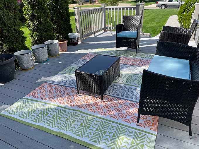 BalajeesUSA Outdoor Decor Patio Rugs – 6x9, Green, Orange Waterproof Affordable Multipurpose Woven Plastic Straw All-Weather Waterproof Rug Reversible Camper mat Awning