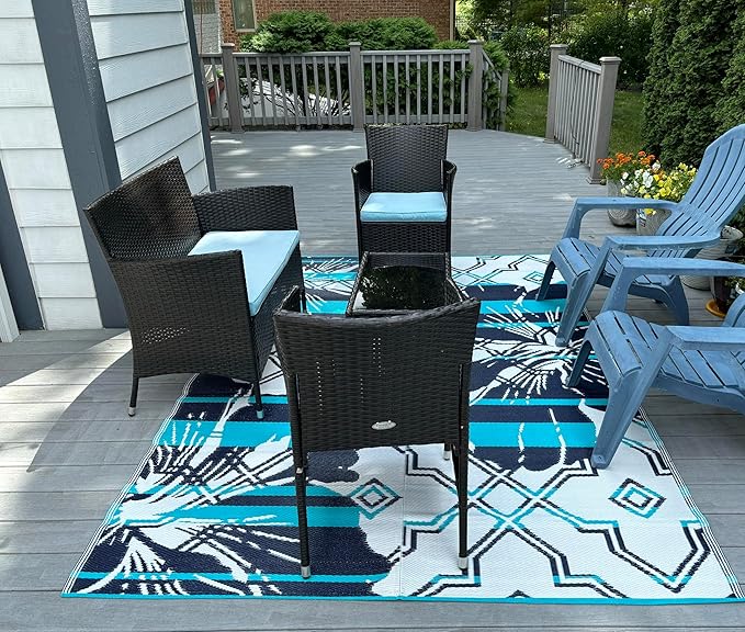 BalajeesUSA Outdoor Decor Patio Rugs – 6x9, Aqua Blue Waterproof Affordable Multipurpose Woven Plastic Straw All-Weather Waterproof Rug Reversible Camper mat Awning 7100