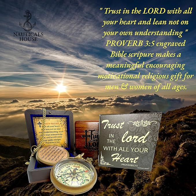 Bible Verse Brass Compass – “Trust in The Lord with All Your Heart” (Proverbs 3:5-6) | Religious Gifts for Men, Women, Boys, Girls, Teens | Daily Encouragement, Easter, Baptism, Faith-Based Keepsake