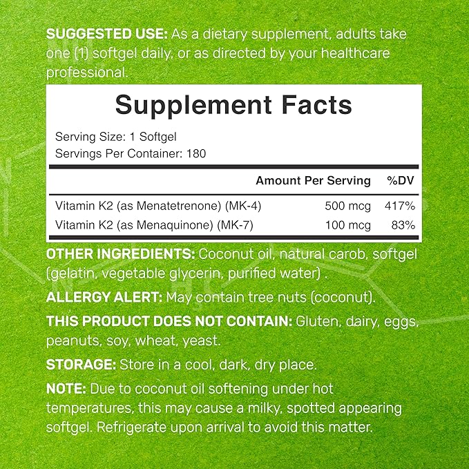 Vitamin K2 Supplement 600mcg, 180 Virgin Coconut Oil Softgels (6 Month Supply) – Full Spectrum MK-7 & MK-4 Forms, High Absorption, Triple Strength K Vitamins – Bone, Joint, & Immune Support – Non-GMO