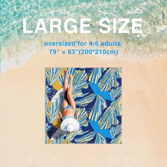 Beach Blanket, Waterproof Sandproof Beach Mat Oversized 79 X 83 Inch for 4-6 Adults, Lightweight Picnic Blanket, Portable Picnic Mat for Outdoor Travel Camping Hiking with 4 Stakes & 4 Corner Pocket