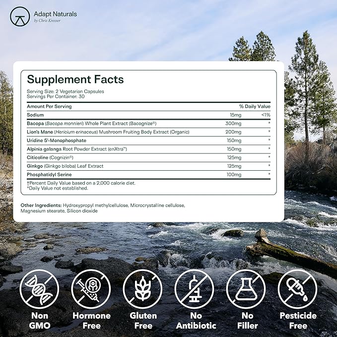 Adapt Naturals Luminous Mind Nootropic Brain Supplement with Ginkgo Biloba, Bacopa and Lions Mane | Memory, Focus, Mental Clarity and Elevated Mood Support | No Caffeine, Crash Free - 30 Days Supply